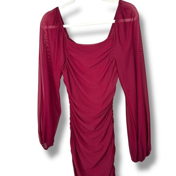 MEROKEETY Wine Red Ruched Bodycon Puff Sleeve Mesh Cocktail Party Midi Dress - Picture 4 of 13